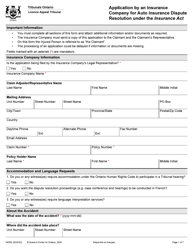 Document preview: Form 0455E Application by an Insurance Company for Auto Insurance Dispute Resolution Under the Insurance Act - Ontario, Canada