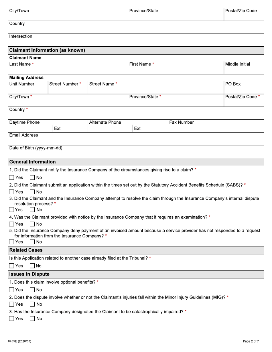 Form 0455E Application by an Insurance Company for Auto Insurance Dispute Resolution Under the Insurance Act - Ontario, Canada, Page 2
