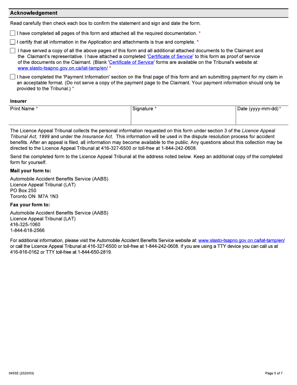 Form 0455E Application by an Insurance Company for Auto Insurance Dispute Resolution Under the Insurance Act - Ontario, Canada, Page 5