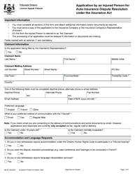 Form 0457E &quot;Application by an Injured Person for Auto Insurance Dispute Resolution Under the Insurance Act&quot; - Ontario, Canada