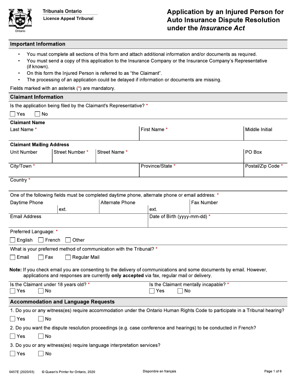 Form 0457E Application by an Injured Person for Auto Insurance Dispute Resolution Under the Insurance Act - Ontario, Canada, Page 1