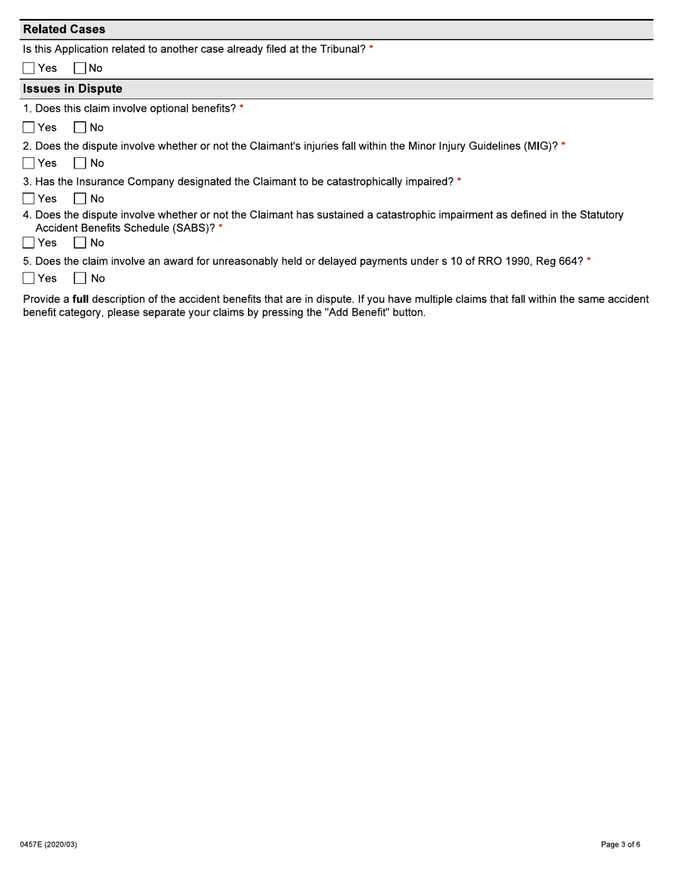 Form 0457E Application by an Injured Person for Auto Insurance Dispute Resolution Under the Insurance Act - Ontario, Canada, Page 3