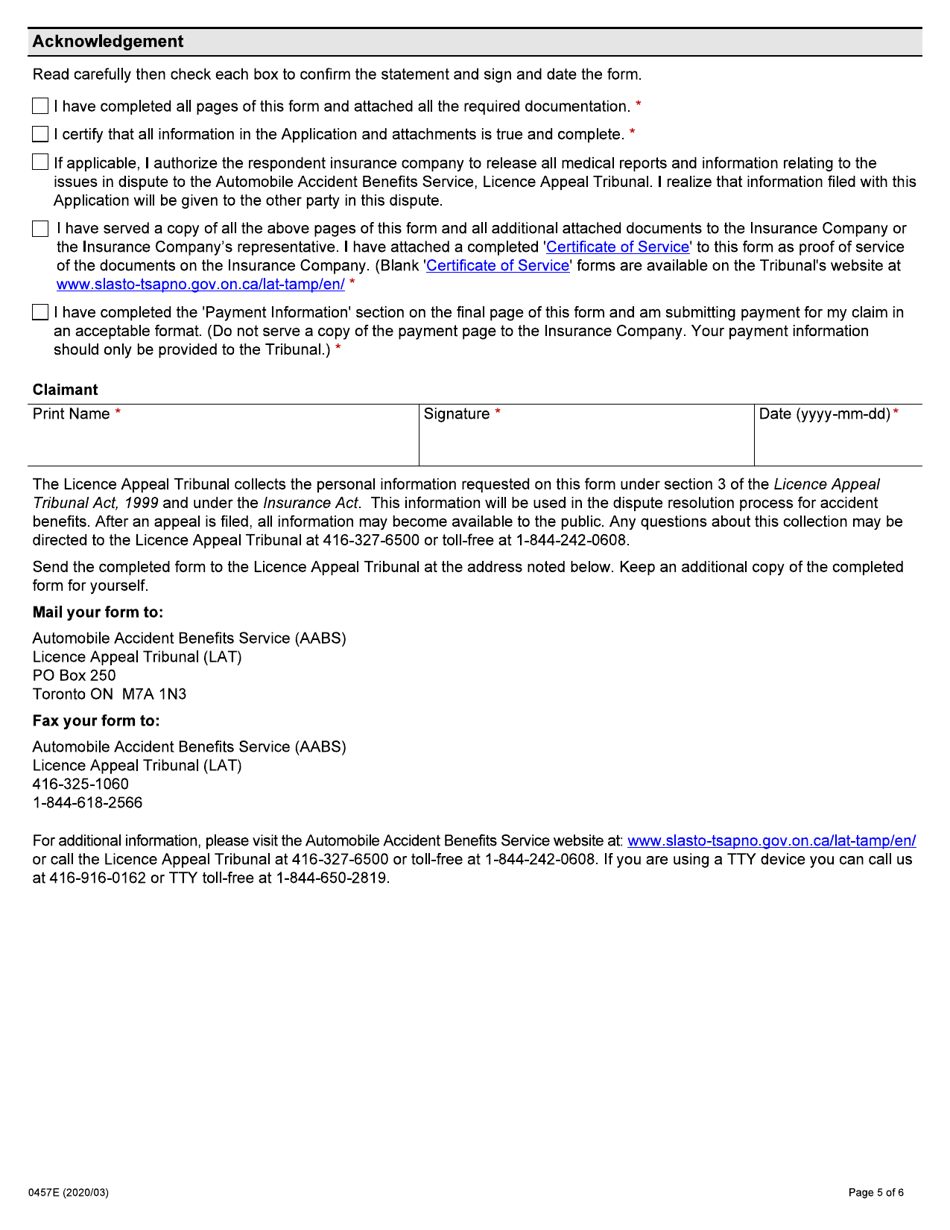 Form 0457E Application by an Injured Person for Auto Insurance Dispute Resolution Under the Insurance Act - Ontario, Canada, Page 5