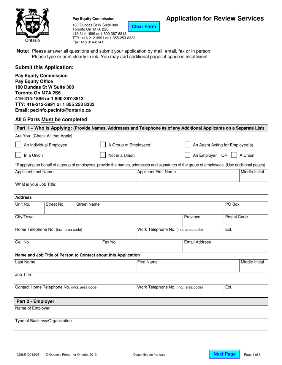 Form 0208E Application for Review Services - Ontario, Canada, Page 1