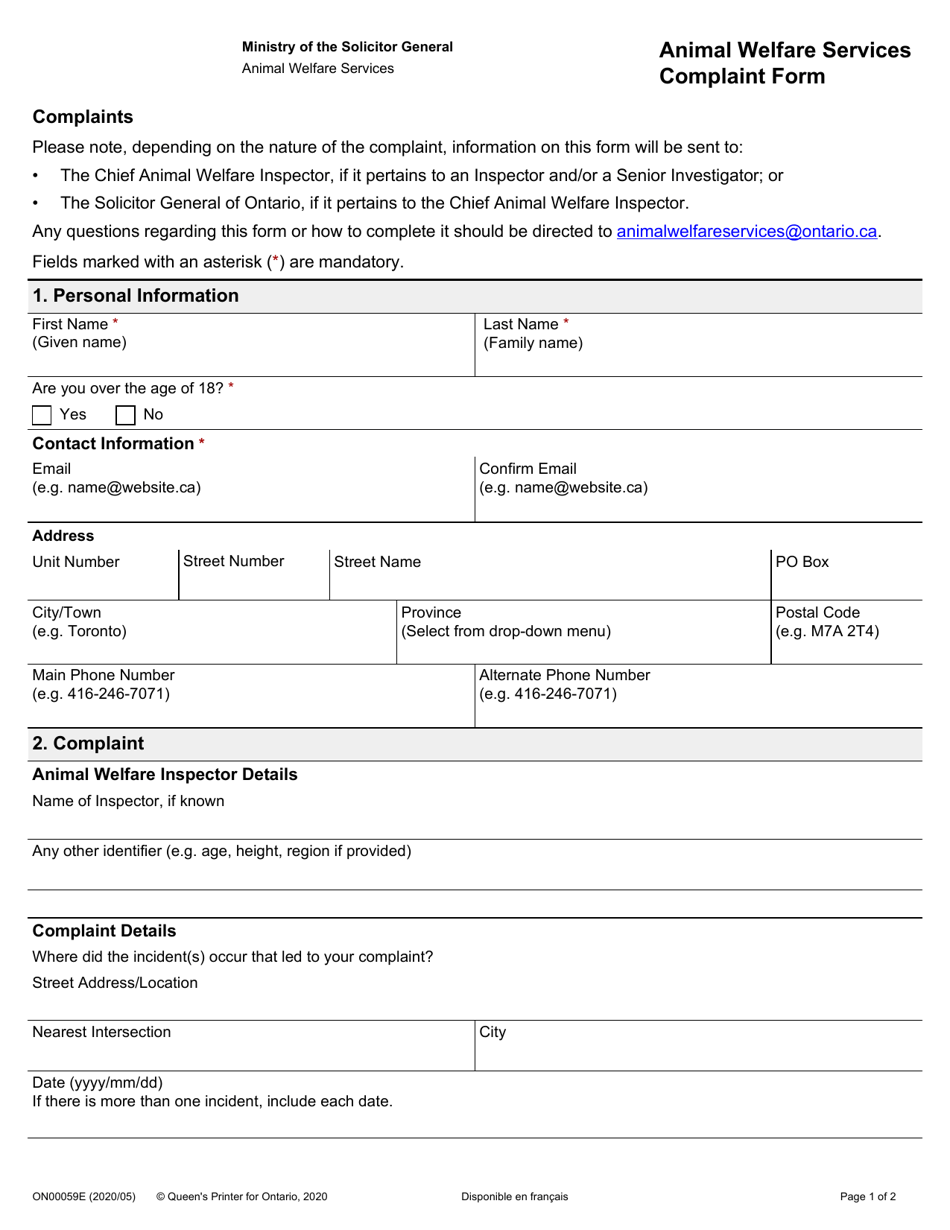 Form ON00059E Animal Welfare Services Complaint Form - Ontario, Canada, Page 1