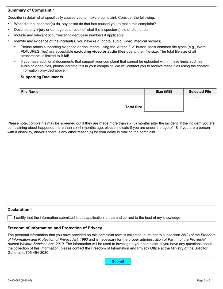 Form ON00059E Animal Welfare Services Complaint Form - Ontario, Canada, Page 2
