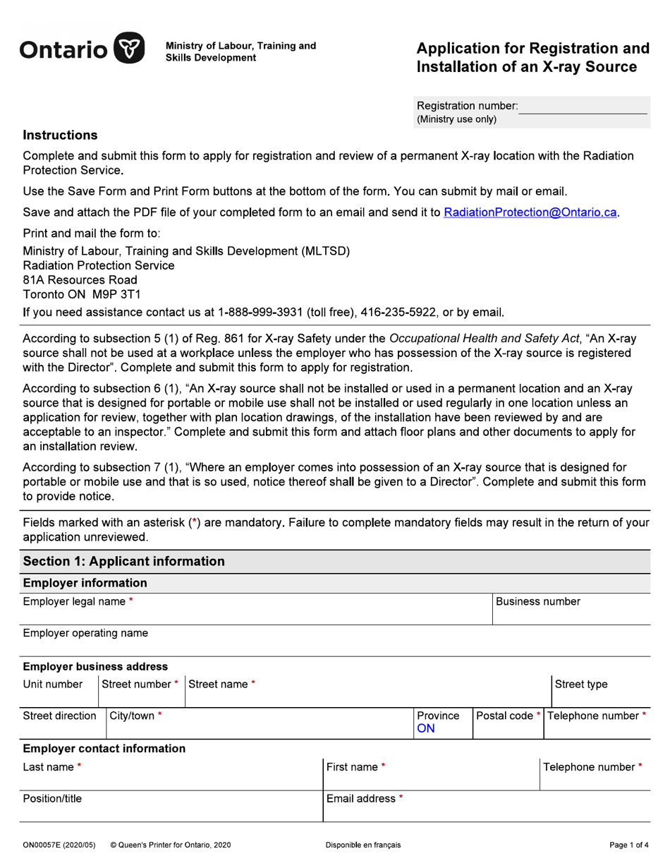 Form ON00057E Application for Registration and Installation of an X-Ray Source - Ontario, Canada, Page 1