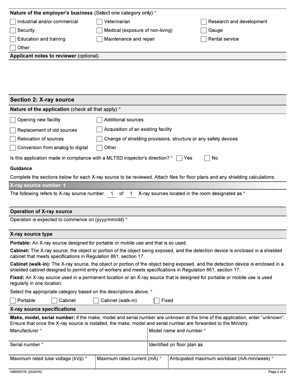 Form ON00057E Application for Registration and Installation of an X-Ray Source - Ontario, Canada, Page 2