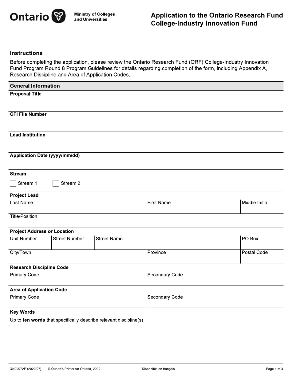 Form ON00072E Application to the Ontario Research Fund College-Industry Innovation Fund - Ontario, Canada, Page 1