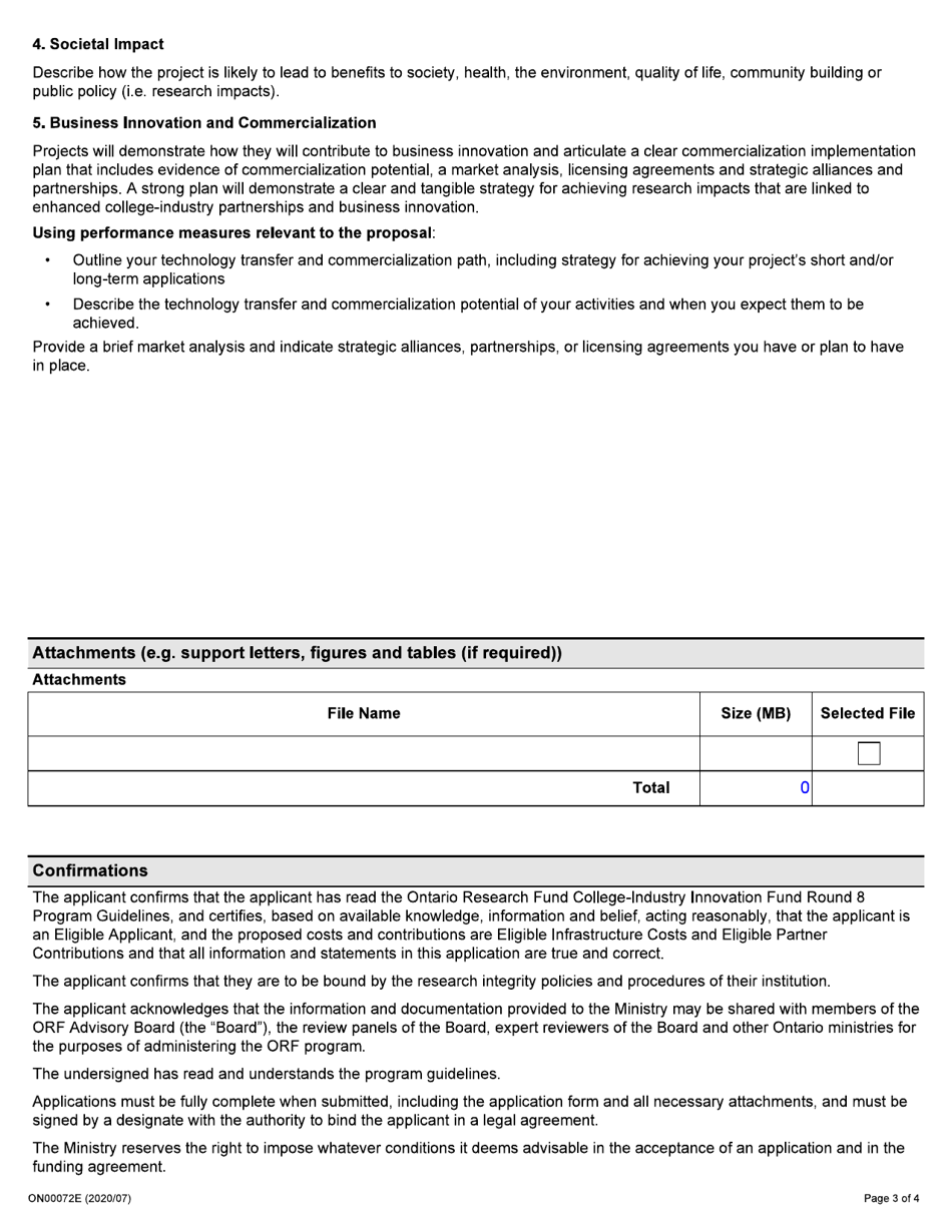 Form ON00072E Application to the Ontario Research Fund College-Industry Innovation Fund - Ontario, Canada, Page 3