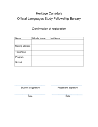 Document preview: Heritage Canada's Official Languages Study Fellowship Bursary Confirmation of Registration - Prince Edward Island, Canada