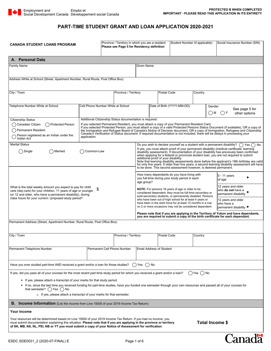 Form ESDC SDE0031_2 Part-Time Student Grant and Loan Application - Canada, Page 1