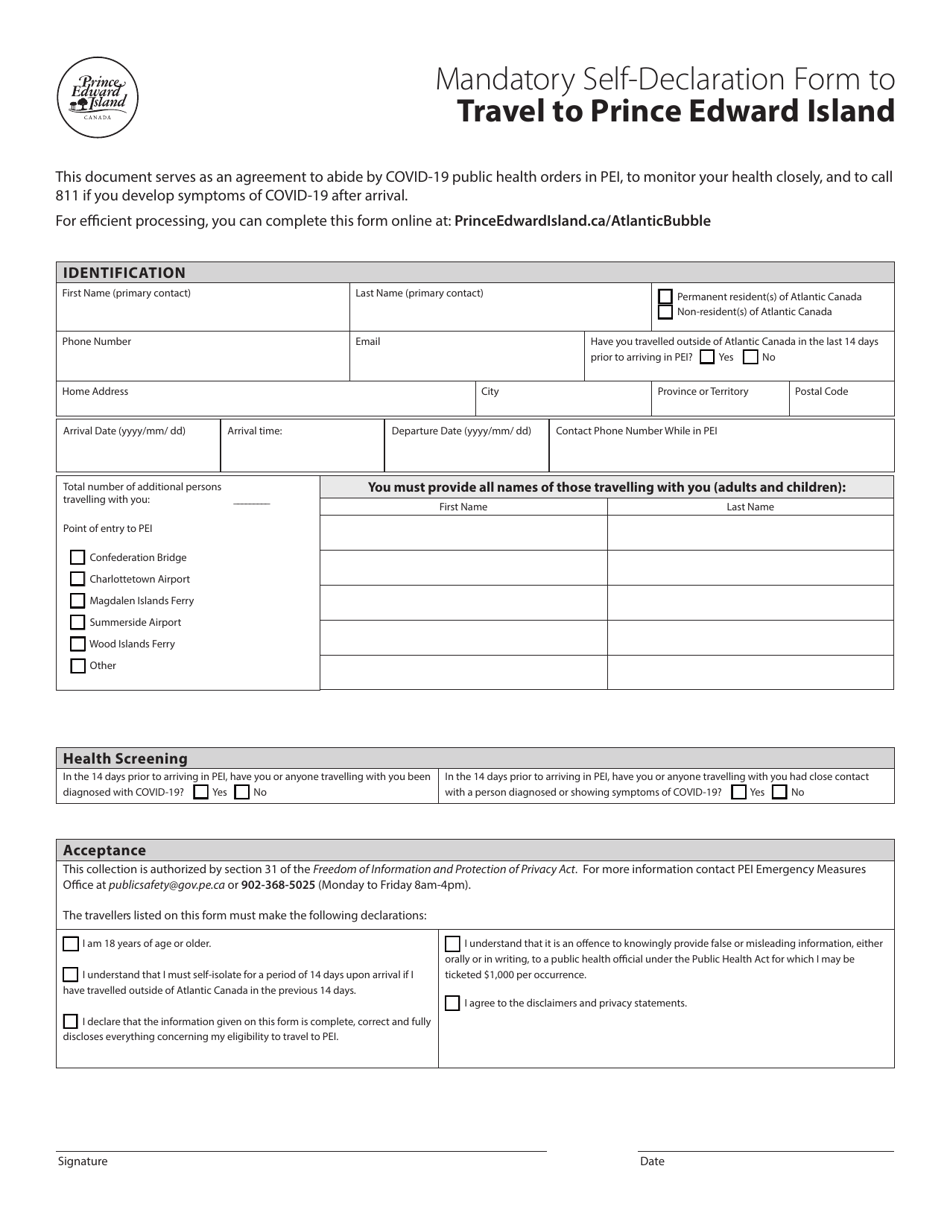 Mandatory Self-declaration Form to Travel to Prince Edward Island - Prince Edward Island, Canada, Page 1