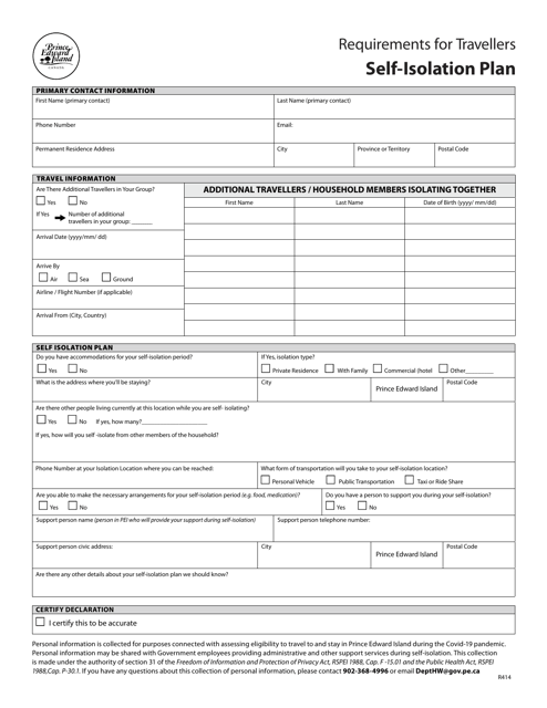 Form R414 Requirements for Travellers - Self-isolation Plan - Prince Edward Island, Canada