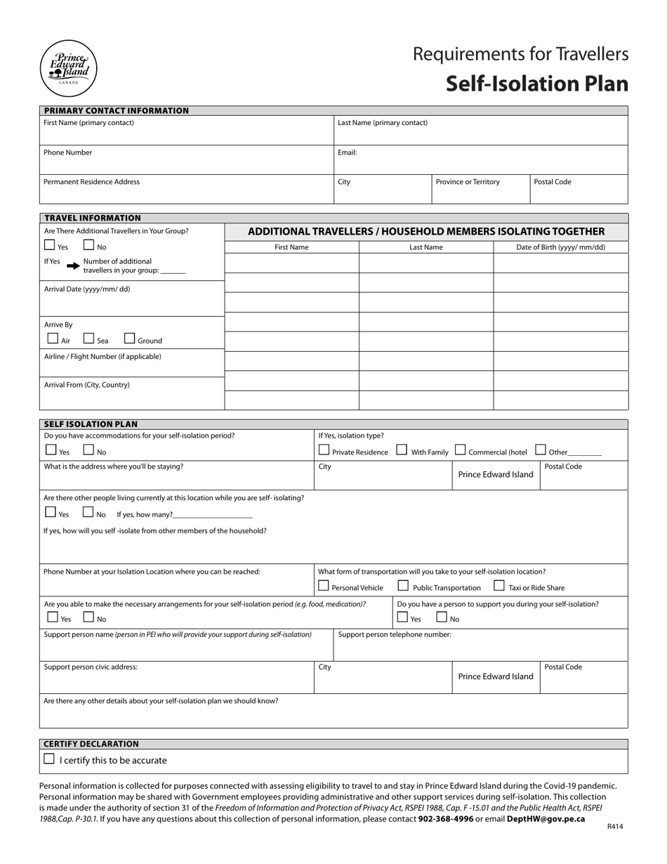 Form R414 Requirements for Travellers - Self-isolation Plan - Prince Edward Island, Canada, Page 1