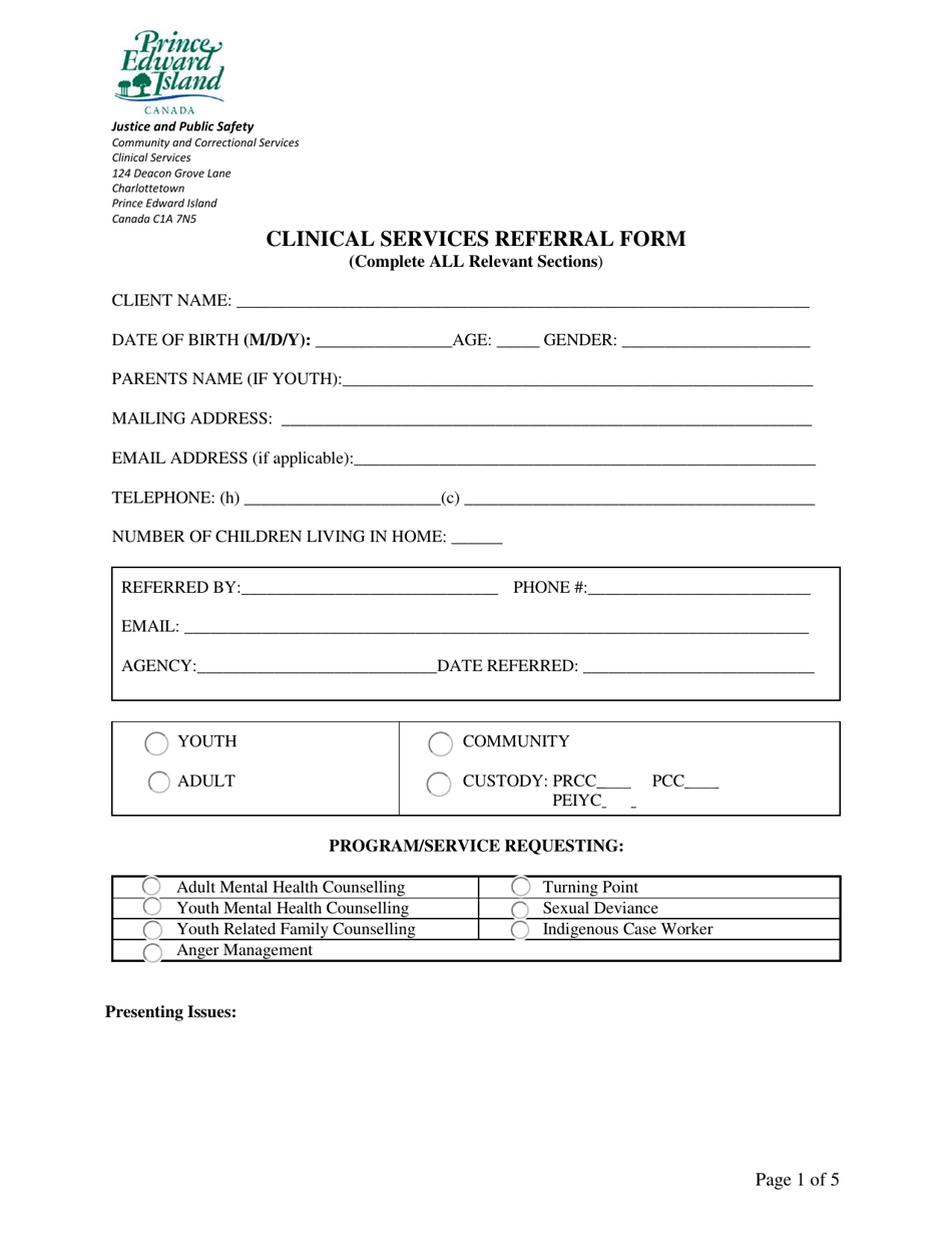 Clinical Services Referral Form - Prince Edward Island, Canada, Page 1