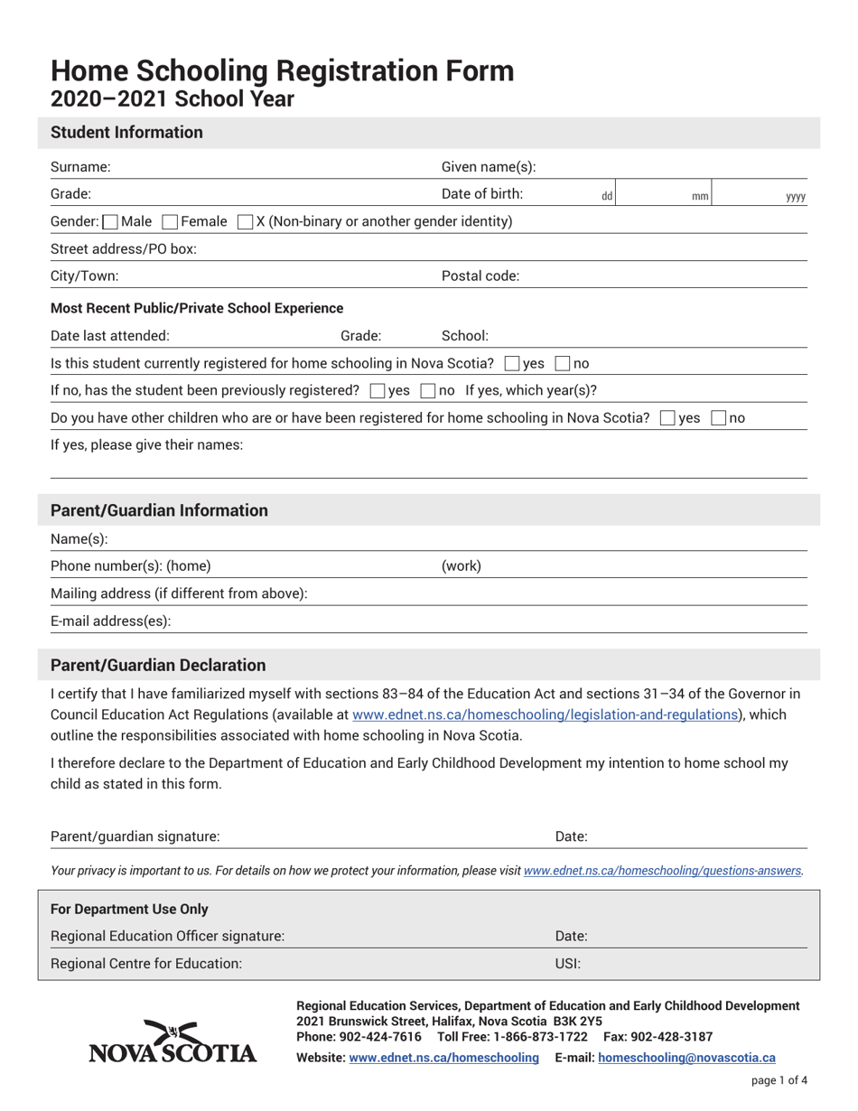Home Schooling Registration Form - Nova Scotia, Canada, Page 1
