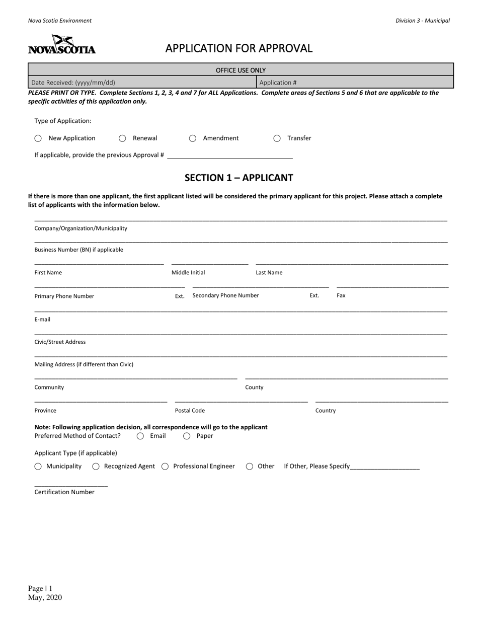 Application for Approval - Municipal Waste - Nova Scotia, Canada, Page 1