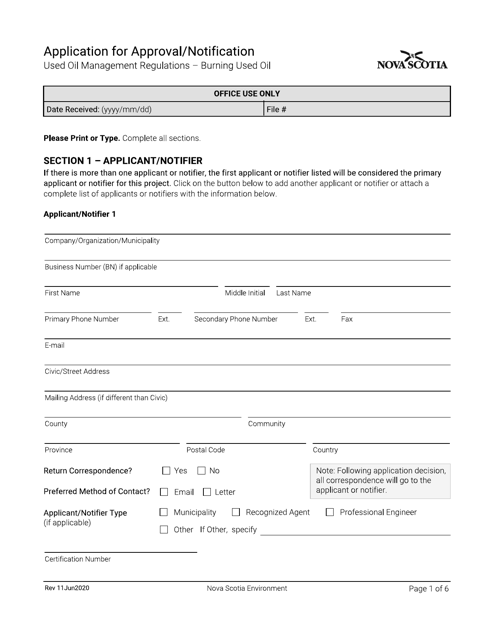 Application for Approval / Notification - Used Oil Management Regulations - Burning Used Oil - Nova Scotia, Canada Download Pdf