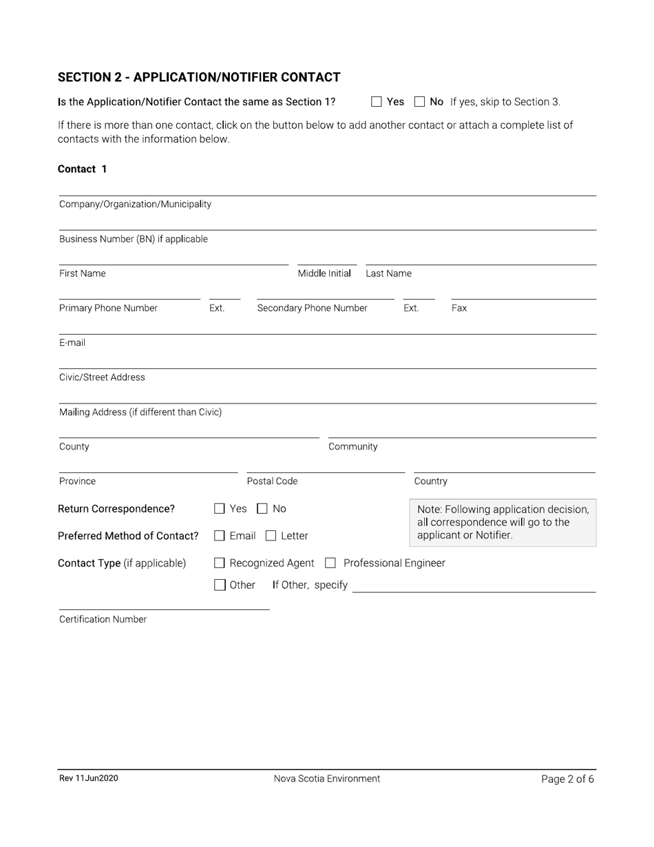 Nova Scotia Canada Application for Approval/Notification Used Oil