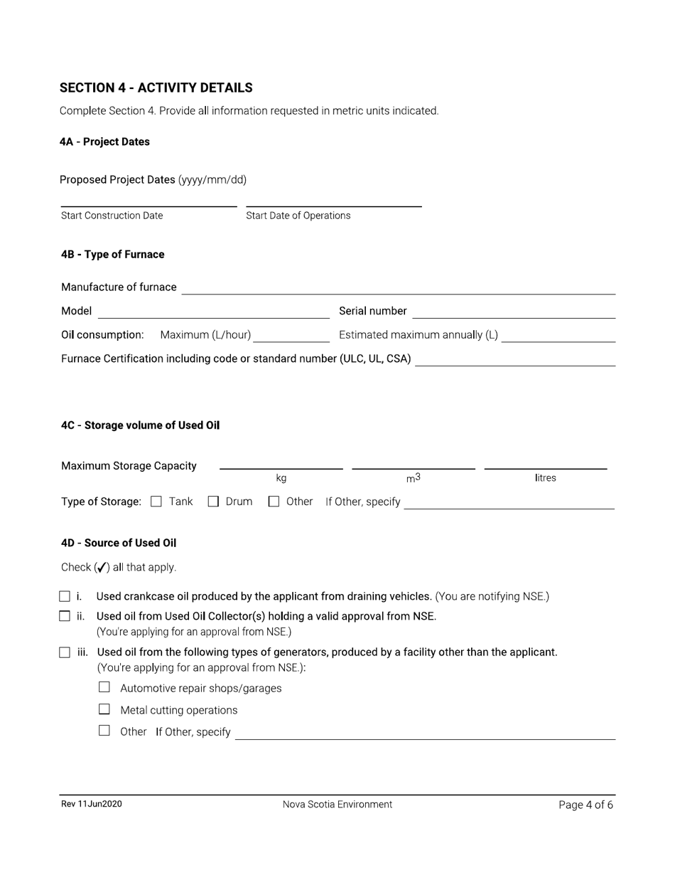Nova Scotia Canada Application for Approval/Notification Used Oil