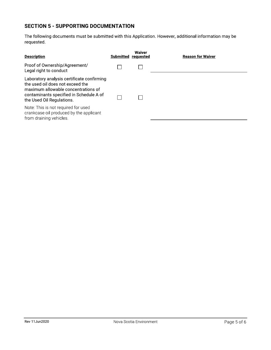 Nova Scotia Canada Application for Approval/Notification Used Oil