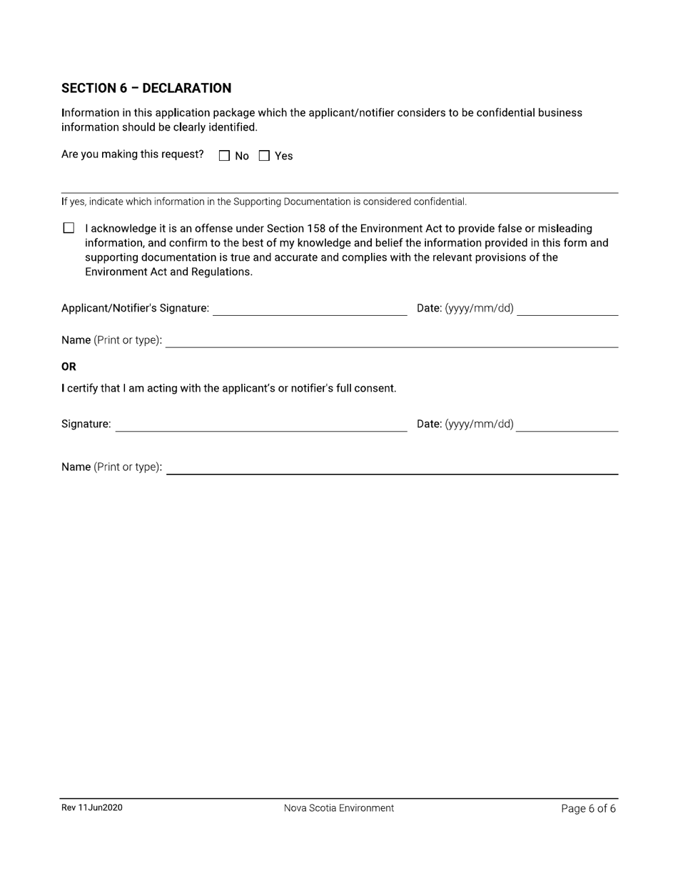 Application for Approval / Notification - Used Oil Management Regulations - Burning Used Oil - Nova Scotia, Canada, Page 6