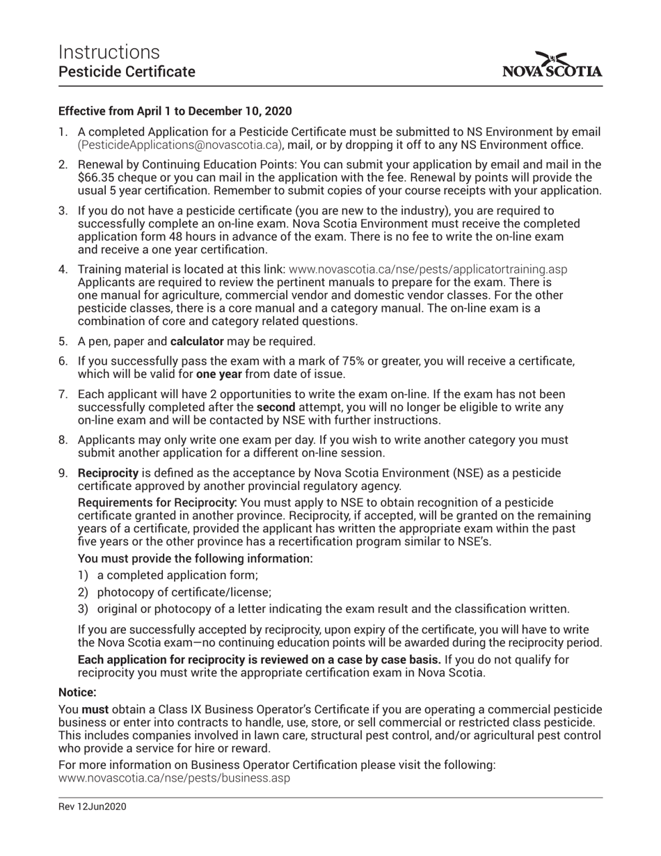 Pesticide Certificate Application - Nova Scotia, Canada, Page 1