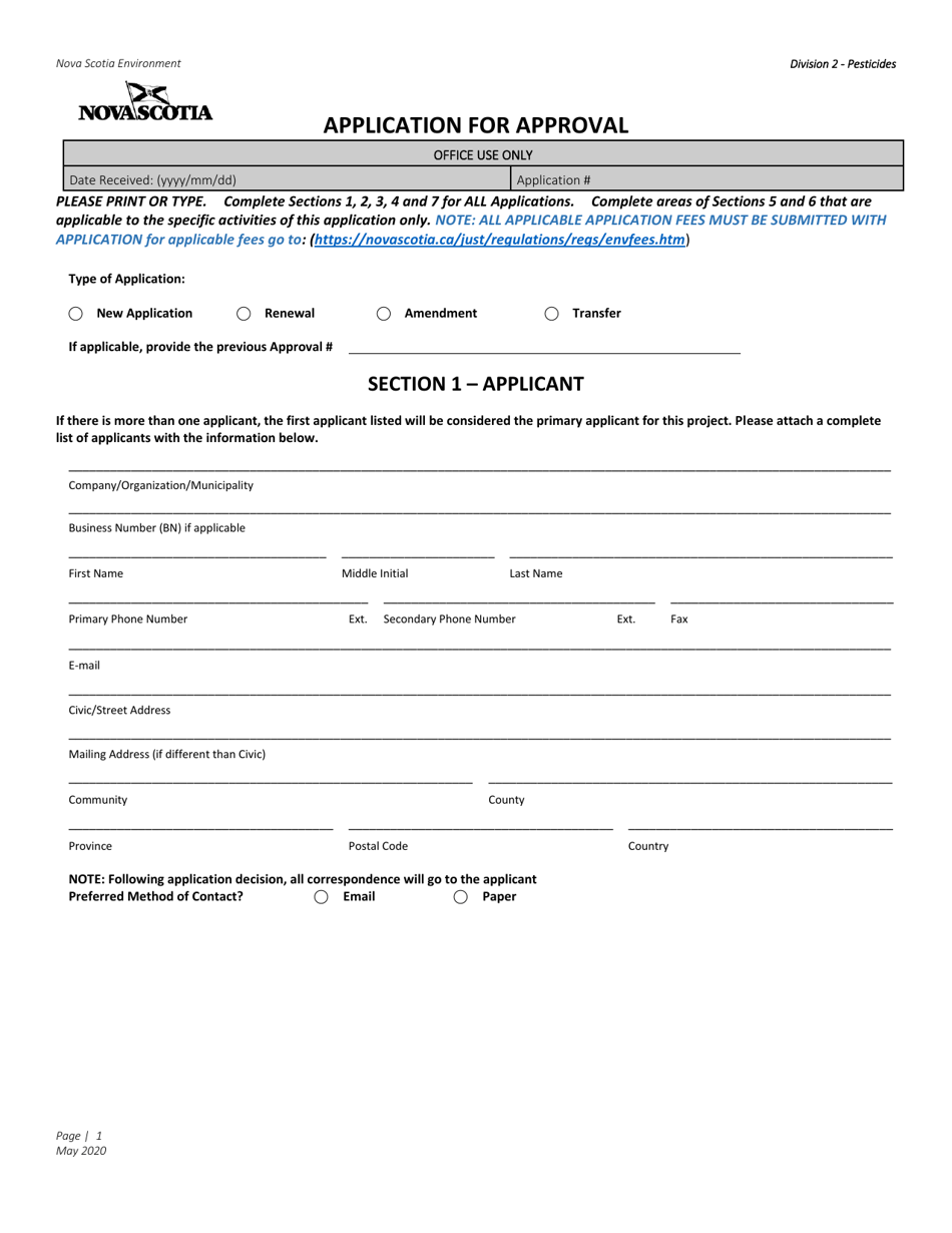 Application for Approval - Pesticides - Nova Scotia, Canada, Page 1