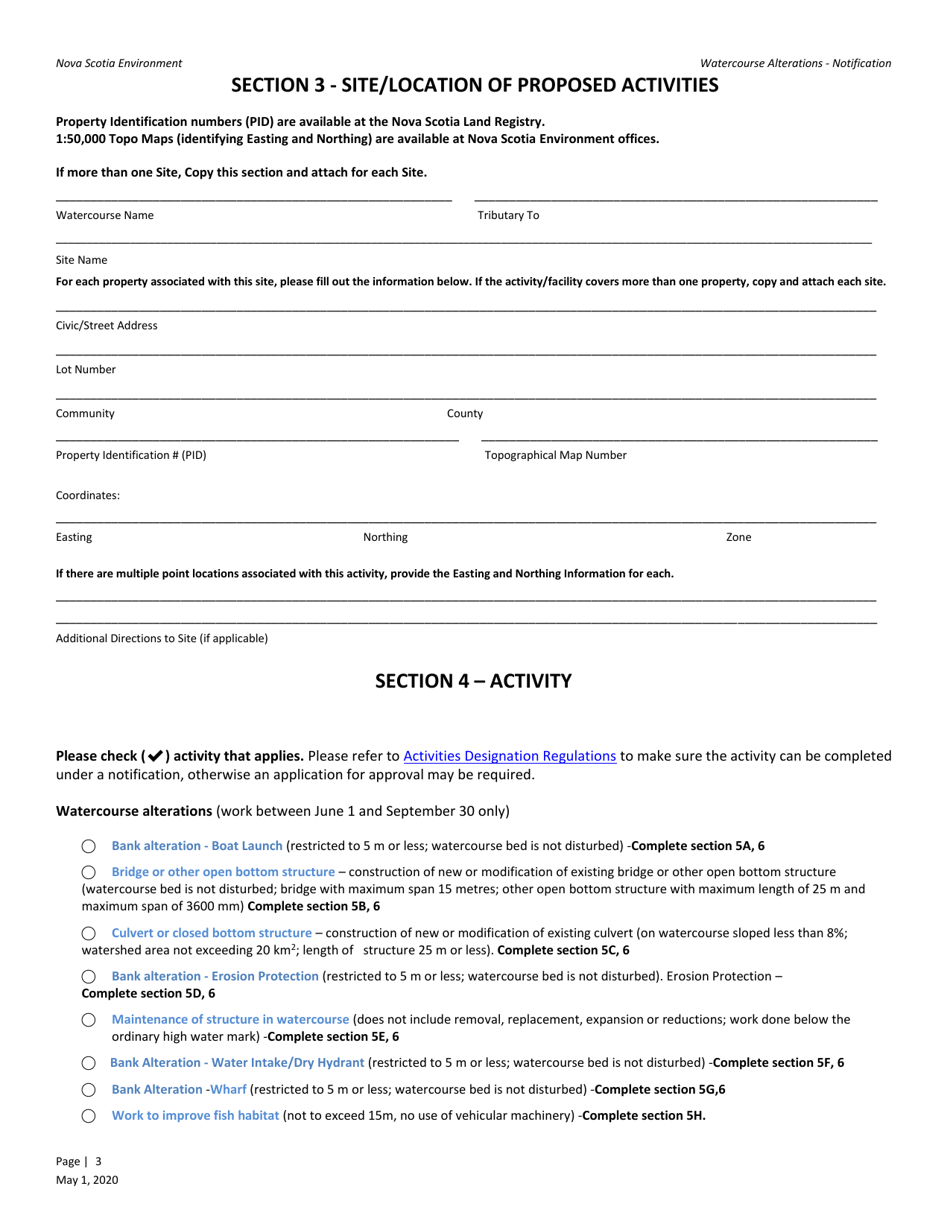 Watercourse Alteration Notification Form - Nova Scotia, Canada, Page 3