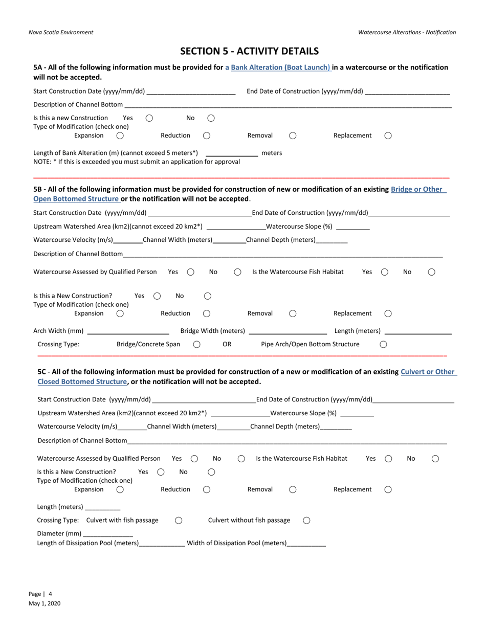 Watercourse Alteration Notification Form - Nova Scotia, Canada, Page 4