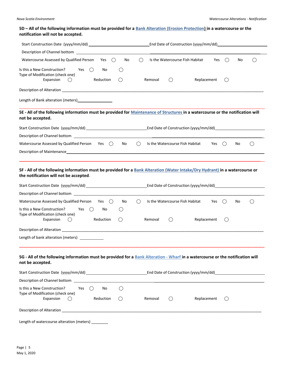 Watercourse Alteration Notification Form - Nova Scotia, Canada, Page 5