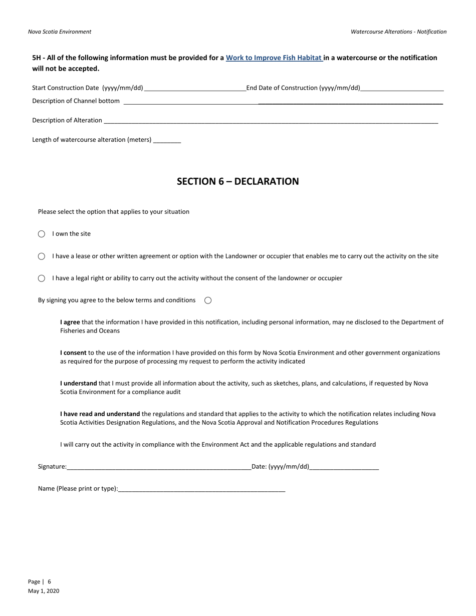 Watercourse Alteration Notification Form - Nova Scotia, Canada, Page 6