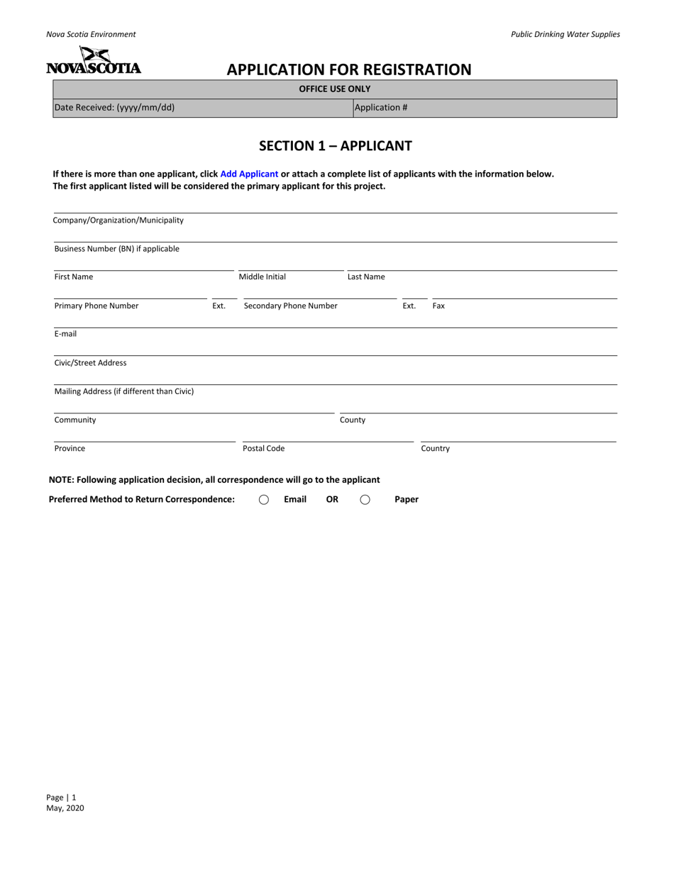 Public Drinking Water Supplies Application for Registration - Nova Scotia, Canada, Page 1