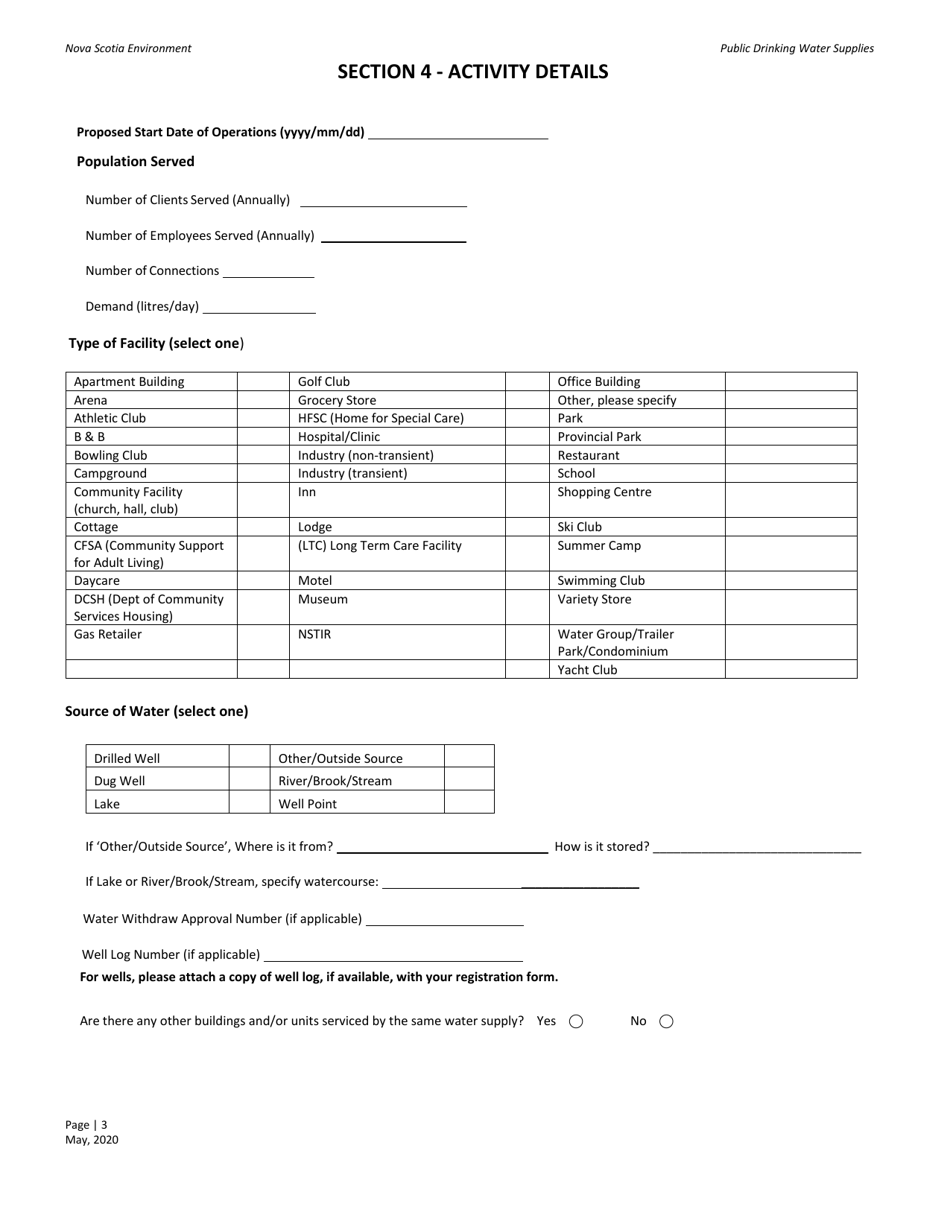 Nova Scotia Canada Public Drinking Water Supplies Application for Registration Fill Out, Sign