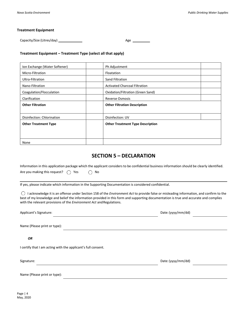 Nova Scotia Canada Public Drinking Water Supplies Application for Registration Fill Out, Sign