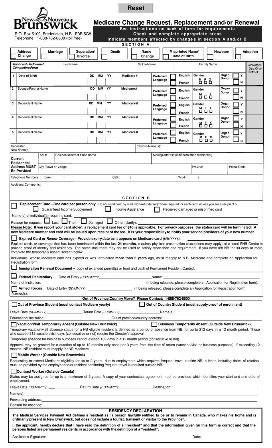 Form 35-5210 Medicare Change Request, Replacement and / or Renewal - New Brunswick, Canada, Page 1