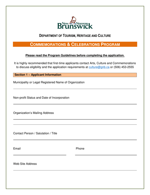 Commemorations and Celebrations Program Application - New Brunswick, Canada