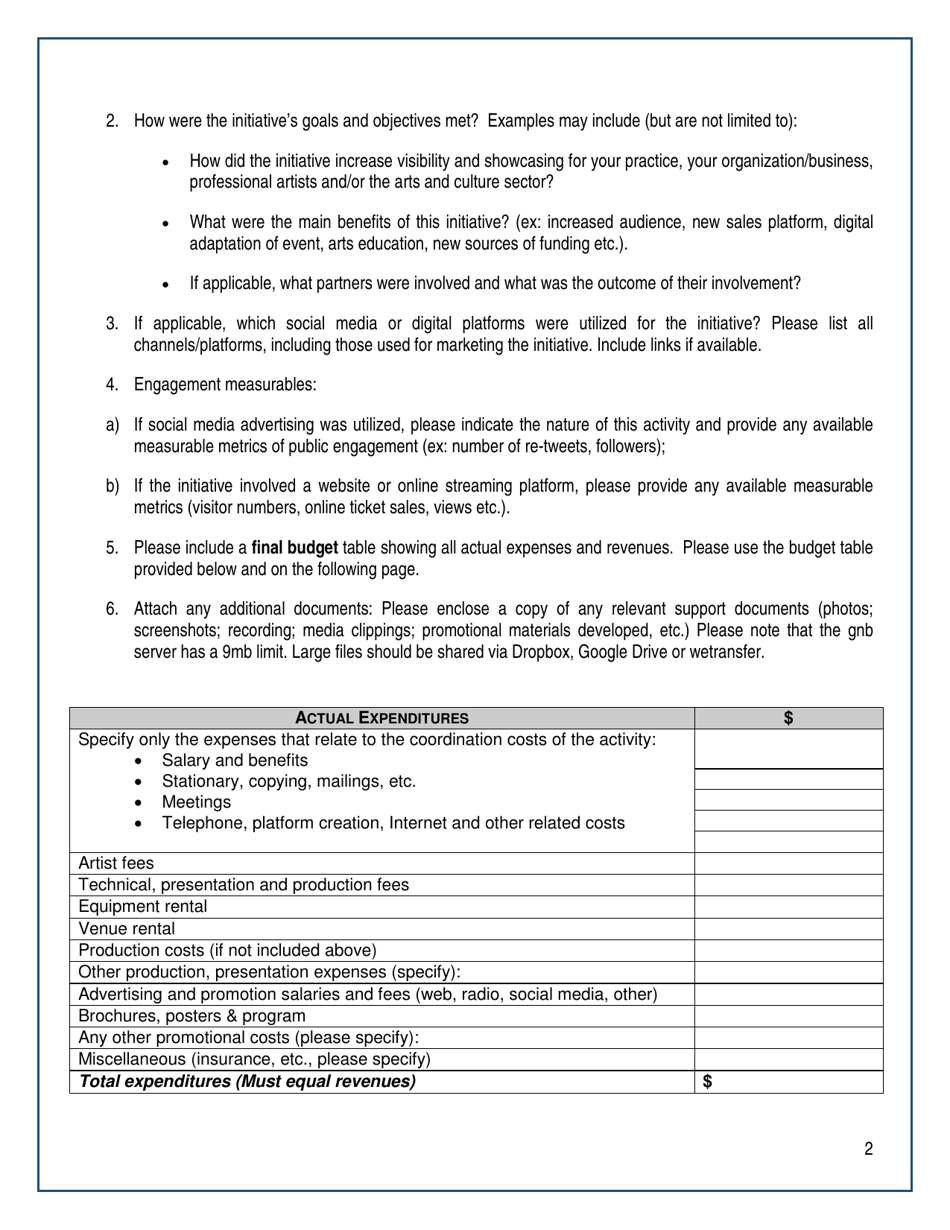 Arts and Culture Covid-19 Special Project Fund Final Report - New Brunswick, Canada, Page 2