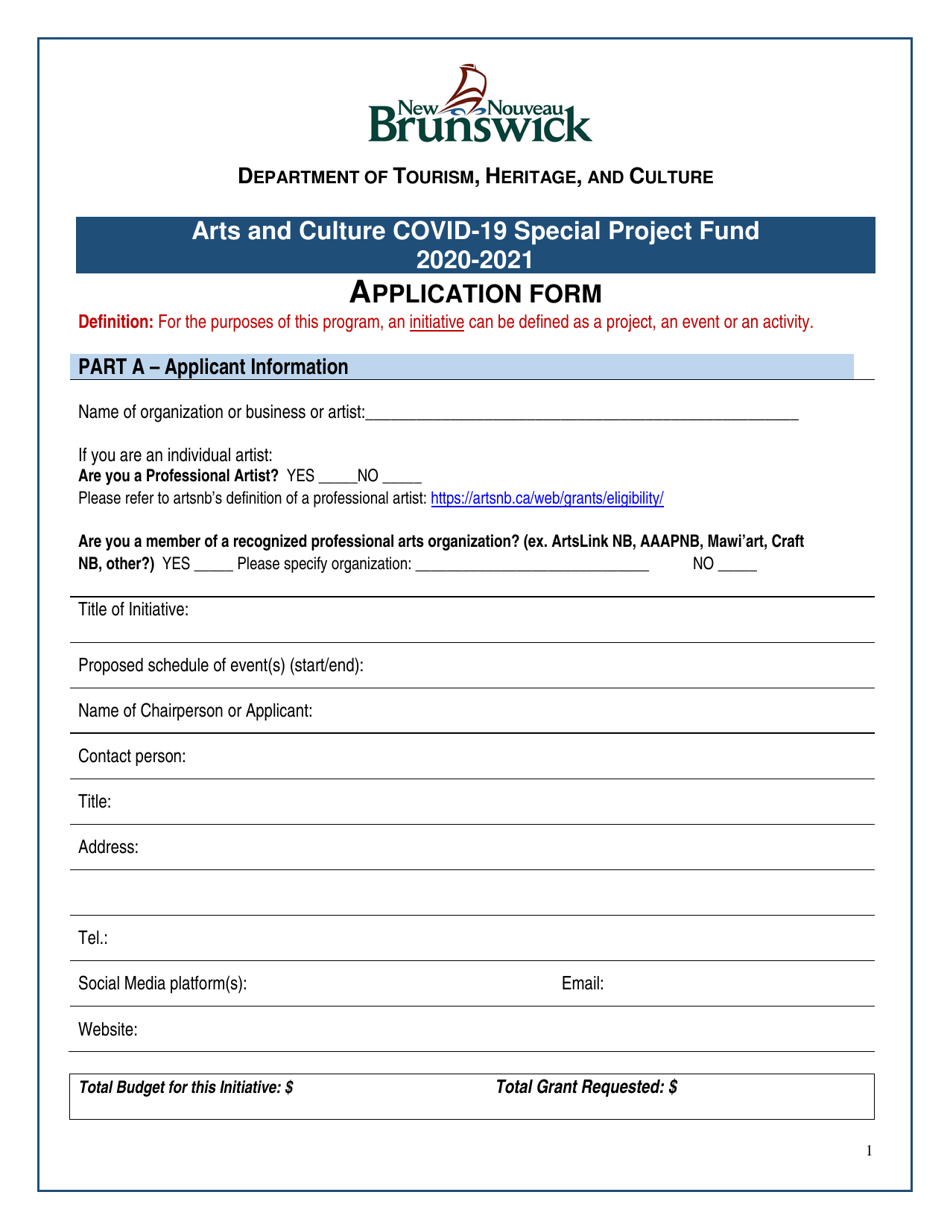 Arts and Culture Covid-19 Special Project Fund Application Form - New Brunswick, Canada, Page 1