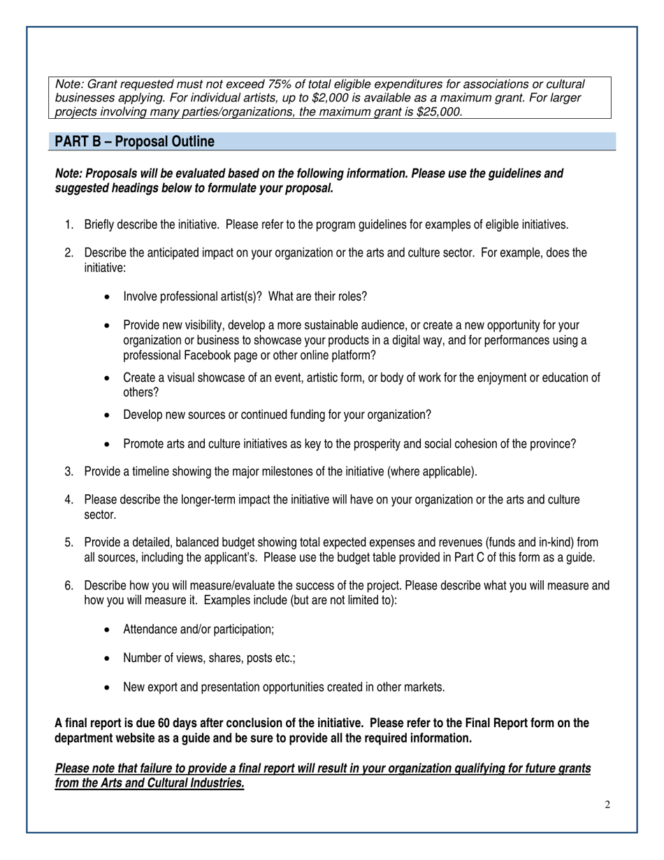 Arts and Culture Covid-19 Special Project Fund Application Form - New Brunswick, Canada, Page 2