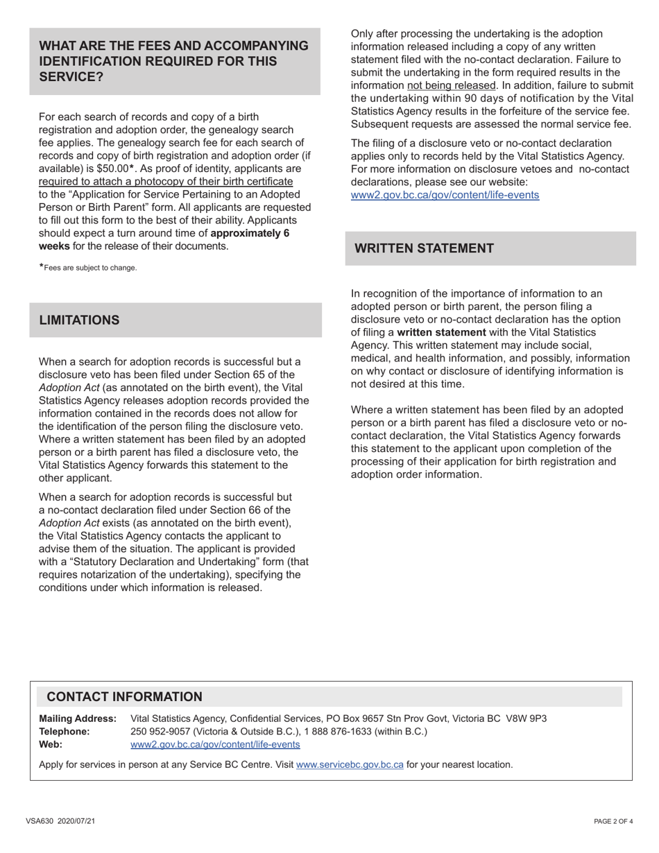 Form VSA630 Application for Service Pertaining to an Adopted Person or Birth Parent - British Columbia, Canada, Page 2