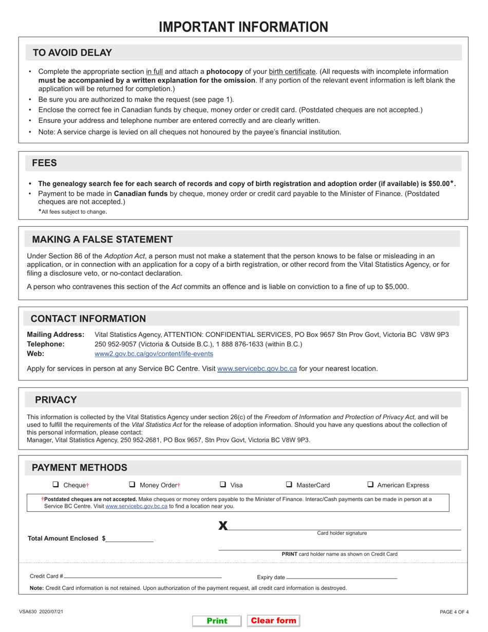 Form VSA630 Application for Service Pertaining to an Adopted Person or Birth Parent - British Columbia, Canada, Page 4