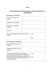 Document preview: Pan-Canadian Reportable Information Required for Sars-Cov-2 Animal Testing - British Columbia, Canada