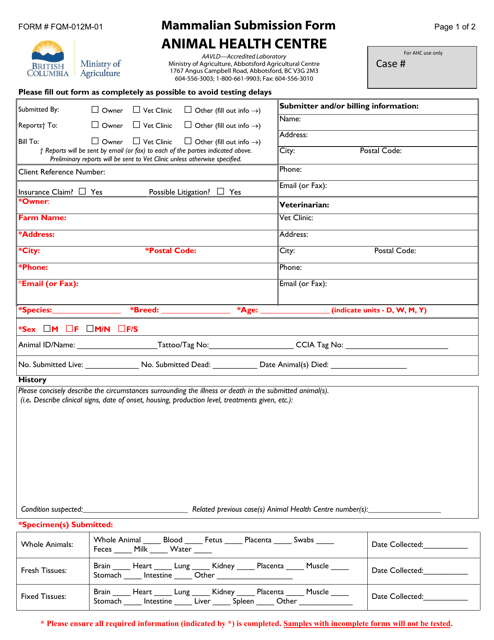 Form FQM-012M-01 Mammalian Submission Form - British Columbia, Canada