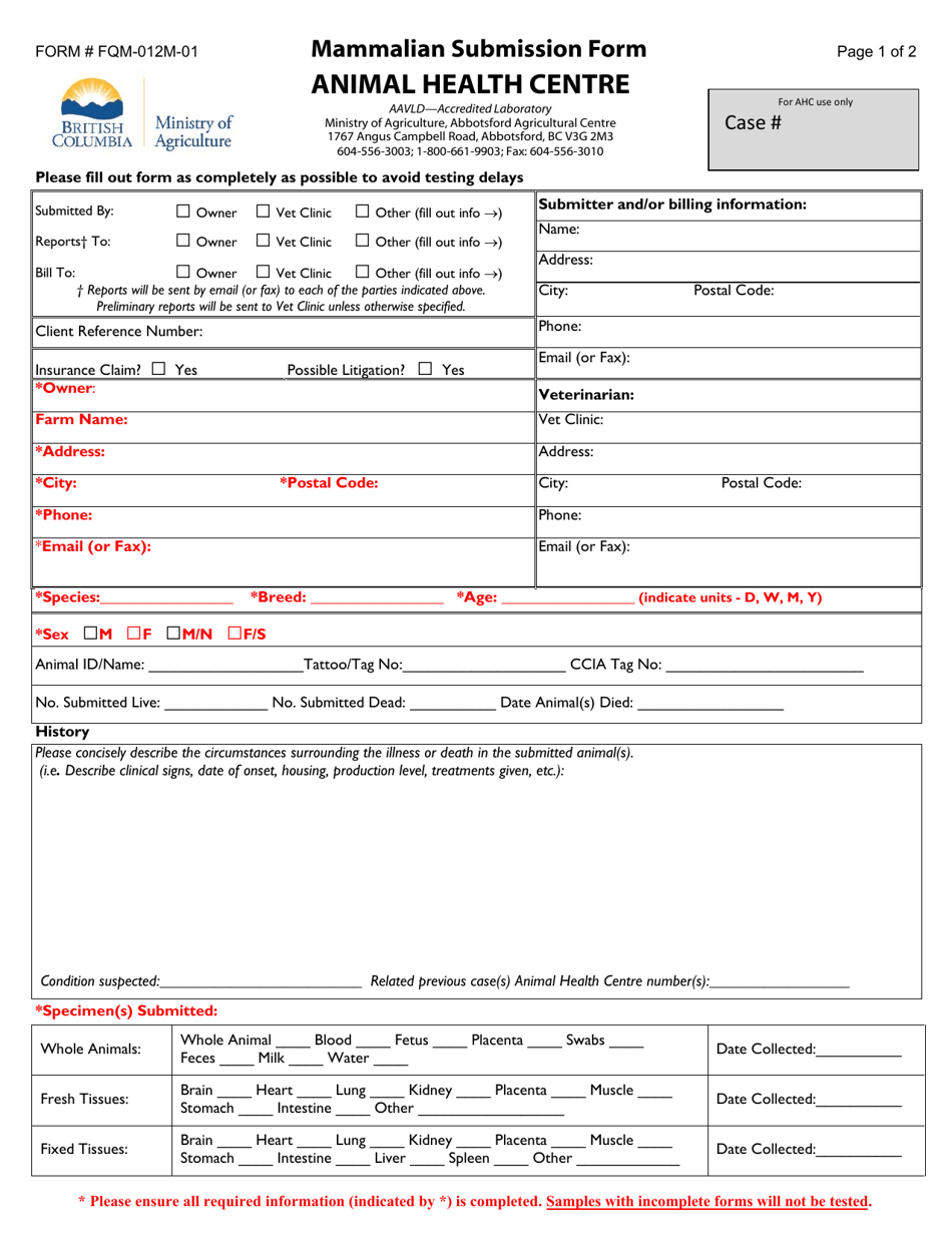 Form FQM-012M-01 Mammalian Submission Form - British Columbia, Canada, Page 1