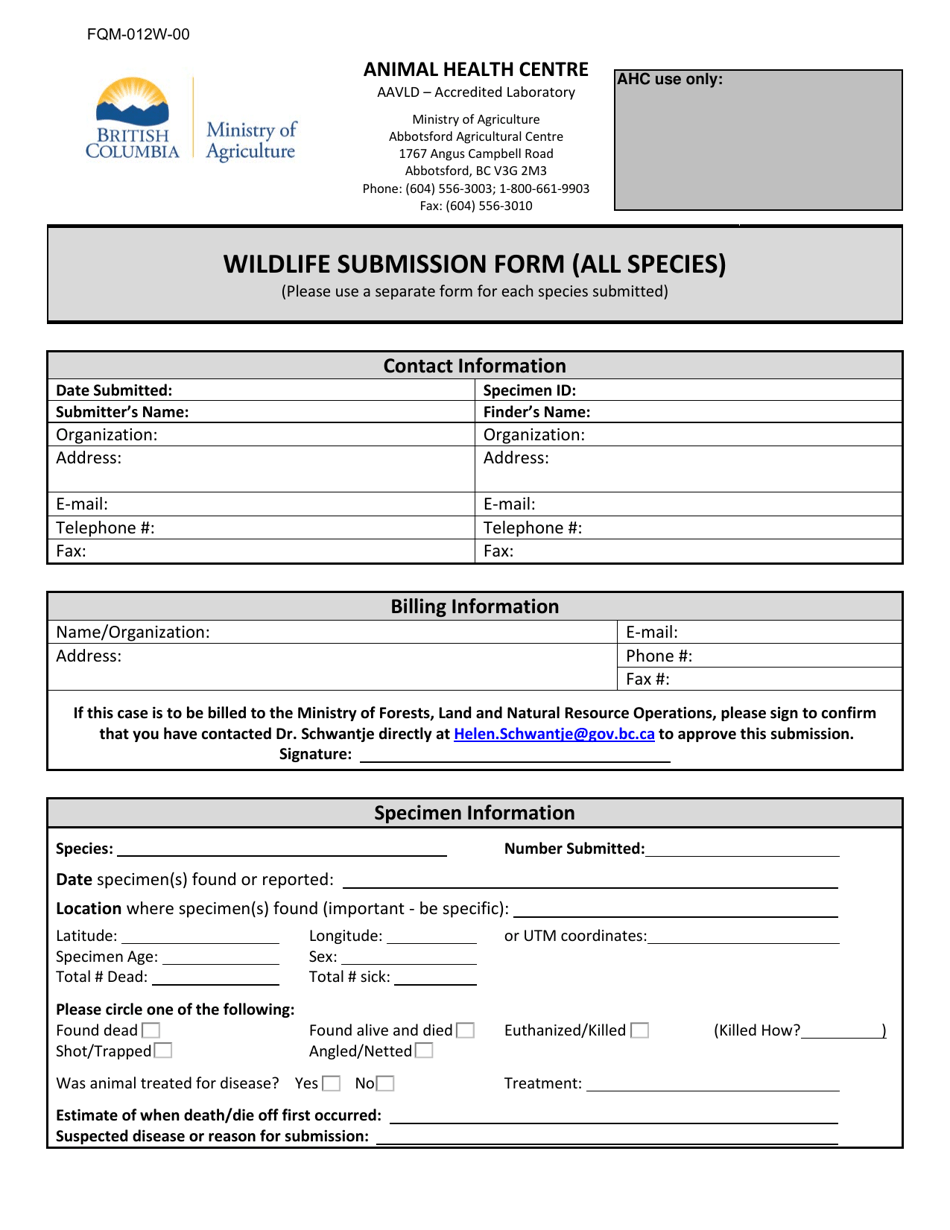 Form FQM-012W-00 Wildlife Submission Form (All Species) - British Columbia, Canada, Page 1