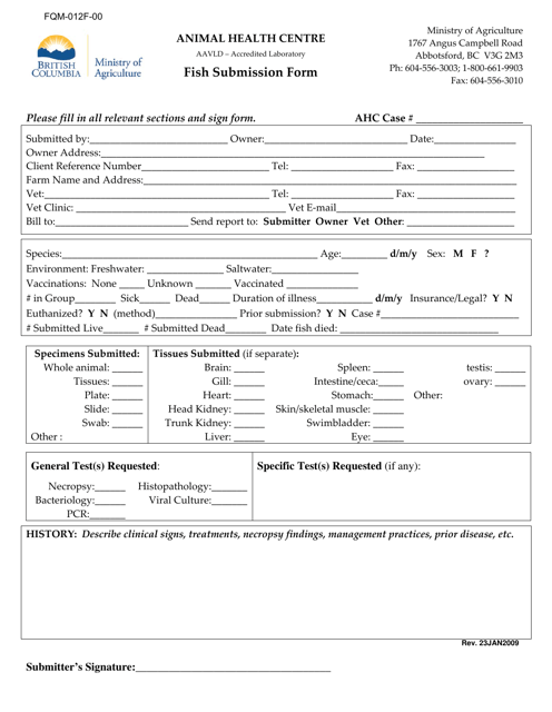 Form FQM-012F-00 Fish Submission Form - British Columbia, Canada