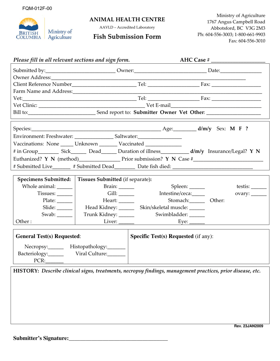 Form FQM-012F-00 Fish Submission Form - British Columbia, Canada, Page 1