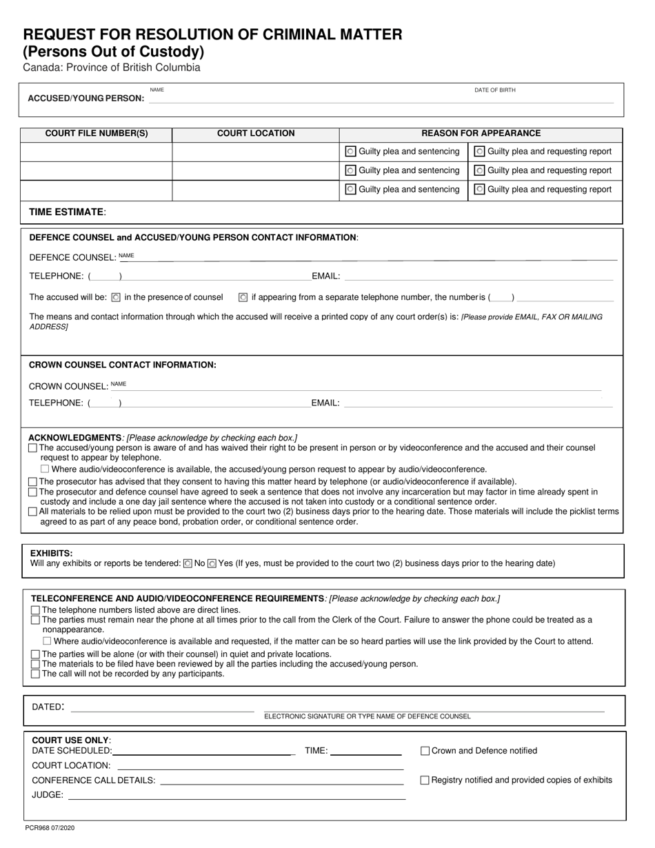 Form PCR968 Request for Resolution of Criminal Matter (Persons out of Custody) - British Columbia, Canada, Page 1